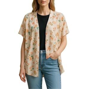 Umgee Boho Floral Kimono Open Front Wing Sleeve Size S/M Peach Pink